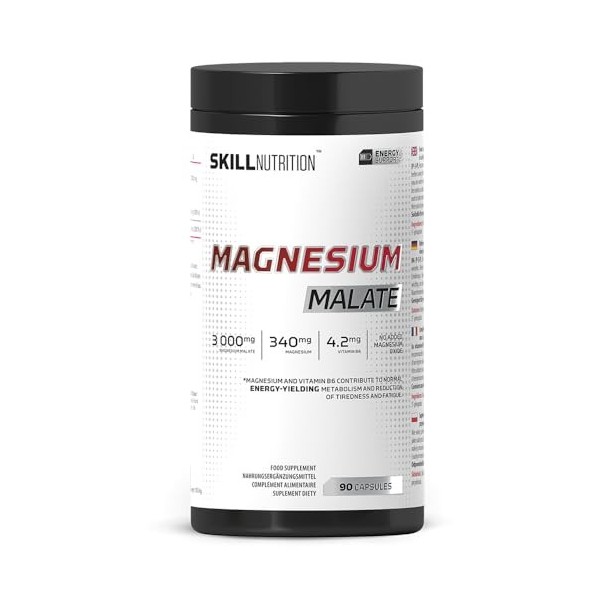 SKILL Nutrition Malate de Magnésium avec Vitamine B6 | 90 gélules | Active P-5-P – 340 mg par portion | 3000 mg de malate hau