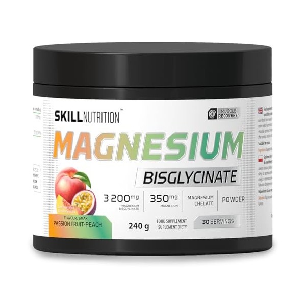 SKILL Nutrition Bisglycinate de magnésium | Saveur fruit de la passion-pêche | 350 mg de magnésium par portion | Soutient les