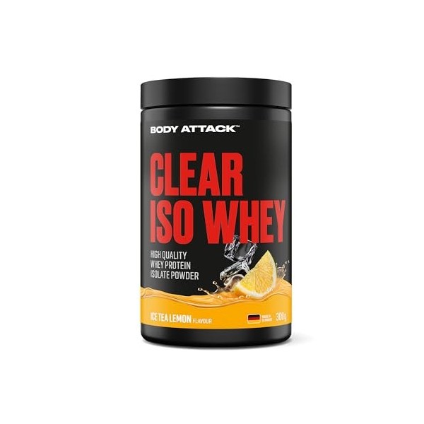 Body Attack Clear Iso Whey Ice Tea Lemon 300 g – Fabriqué en Allemagne – Isolat rafraîchissant et transparent de protéines de