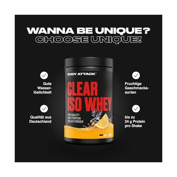 Body Attack Clear Iso Whey Ice Tea Lemon 300 g – Fabriqué en Allemagne – Isolat rafraîchissant et transparent de protéines de