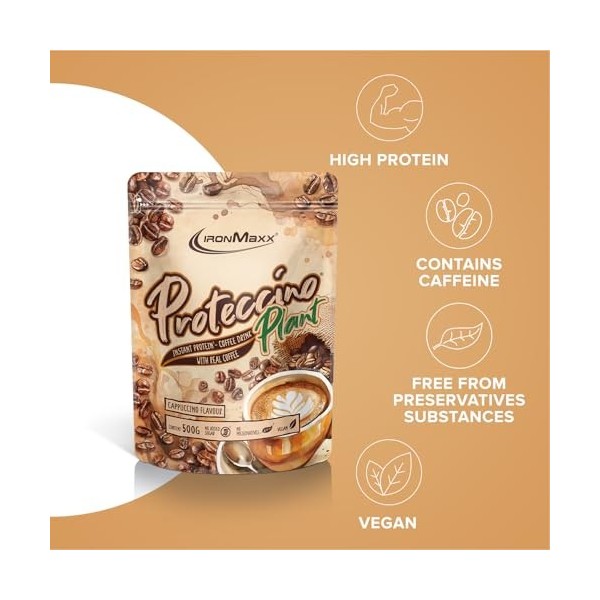 IronMaxx Plant Proteccino Cappuccino 500 g - Café protéiné vegan au vrai café - Sans sucres ajoutés - Riche en protéines et e...