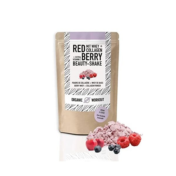 Beauty Shake Red Berry, protéines de lactosérum bio + collagène + protéines avec vitamine C à base dacérola, avec érythrite, ...