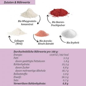 Beauty Shake Red Berry, protéines de lactosérum bio + collagène + protéines avec vitamine C à base dacérola, avec érythrite, ...