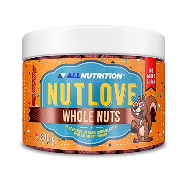 Allnutrition Nutlove Whole Nuts, Almonds in Dark Chocolate with Raspberry Powder - 300g