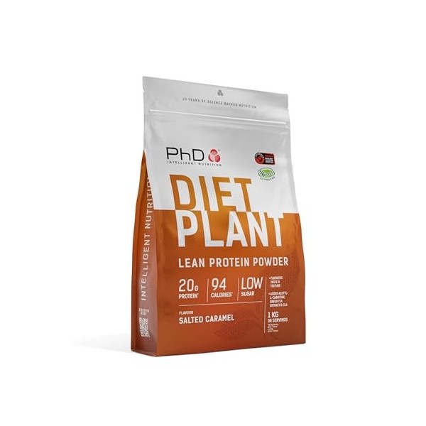 PhD Nutrition Diet Plant Poudre de protéines vegan 1kg Caramel salé, Poudre de protéine High Protein avec 20g de protéines pa...