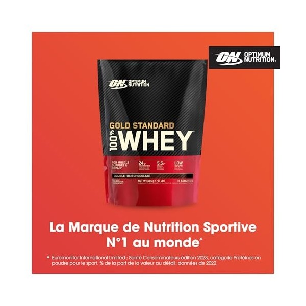 Optimum Nutrition Gold Standard 100% Whey, Protéine en Poudre, Goût Double Chocolat Riche, 465g, 15 Doses Protéines whey