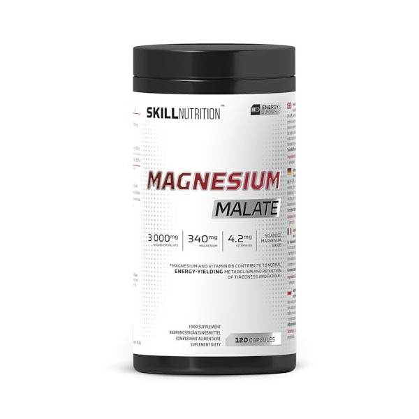 SKILL Nutrition Malate de Magnésium avec Vitamine B6 | 120 gélules | Active P-5-P – 340 mg par portion | 3000 mg de malate ha
