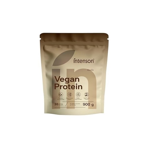Intenson Vegan Protein Powder Vanille, 900 g, 21,9 g de Protéines par Portion, 30 Portions, Mélange Pois & Chanvre, 100% Végé