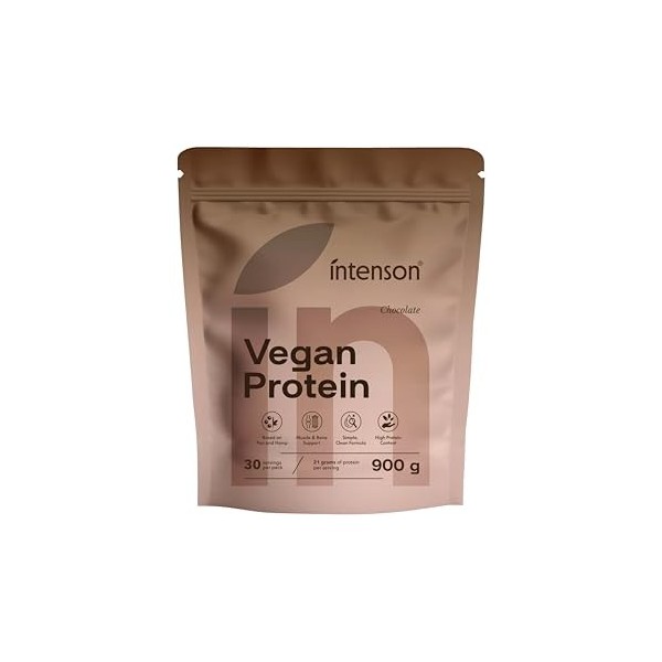 Intenson Vegan Protein Powder Chocolat, 900 g, 21 g de Protéines par Portion, 30 Portions, Mélange Pois & Chanvre, 100% Végét