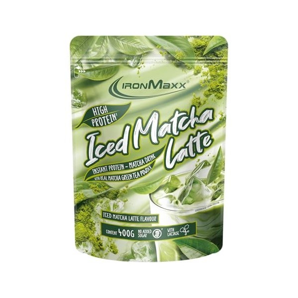 IronMaxx High Protein Iced Matcha Latte – 400g Sachet | Boisson matcha riche en protéines avec thé vert | Sans sucres ajoutés
