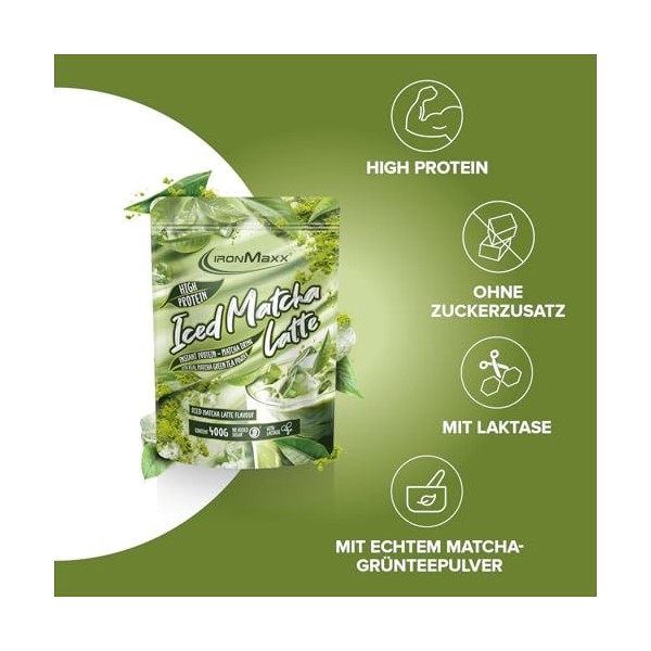 IronMaxx High Protein Iced Matcha Latte – 400g Sachet | Boisson matcha riche en protéines avec thé vert | Sans sucres ajoutés