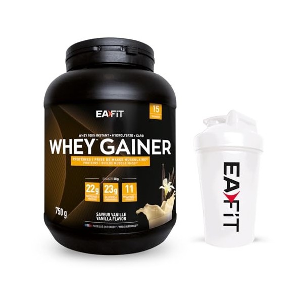Whey gainer vanille 750g + shaker blanc avec mélangeur en acier - EAFIT marque française