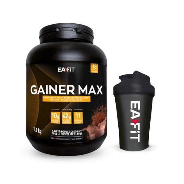 Gainer max chocolat 1,1kg + shaker noir avec mélangeur en acier - EAFIT marque française Protéines whey