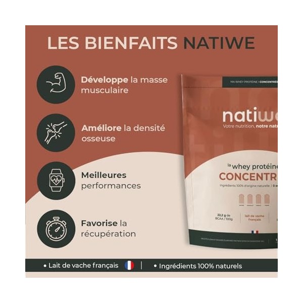 NATIWÉ - Whey Protéine Concentrée - Goût Fraise - Prise De Masse - Meilleure Densité Osseuse, Récupération & Performance - BC...