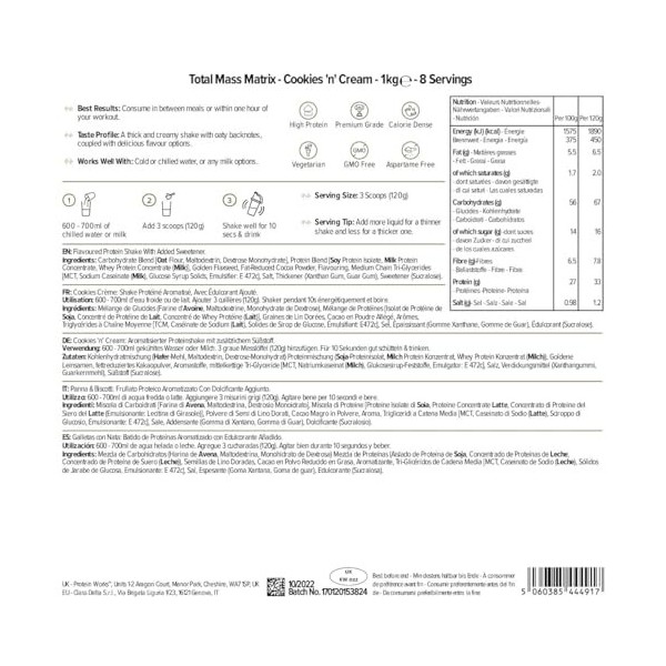 Protein Works - Total Mass Matrix | Portion de 475 calories | Masse musculaire | Prise de poids | 8 Servings | Cookies Crème 
