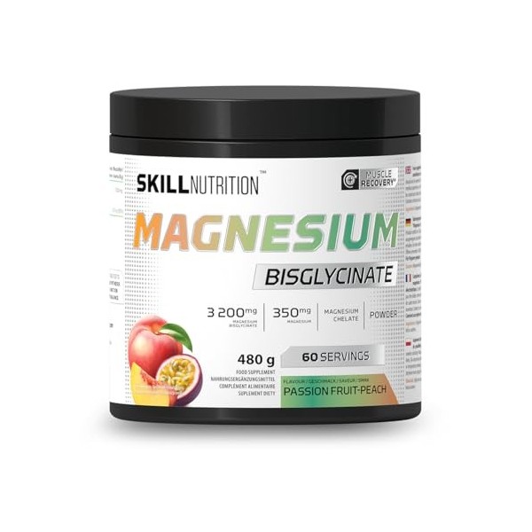 SKILL Nutrition Bisglycinate de magnésium | Saveur fruit de la passion-pêche | 350 mg de magnésium par portion | Soutient les