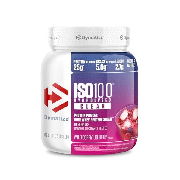 Dymatize ISO 100 Hydrolized Clear Wild Berry Lollipop 512g Hydrolysat de protéine de lactosérum clair + poudre disolat Protéi...
