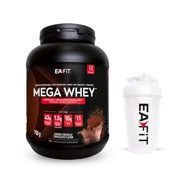 Mega whey chocolat 750g + shaker blanc avec mélangeur en acier - EAFIT marque française