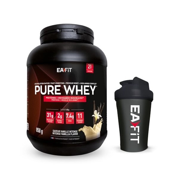 EAFIT - Lot WHEY PROTEIN - Vanille 850g - Protéines Whey + Shaker Noir avec Mélangeur en Acier