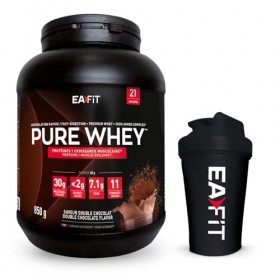 EAFIT - Lot WHEY PROTEIN - Double Chocolat 850g - Protéines Whey + Shaker Noir Opaque avec Mélangeur en Acier