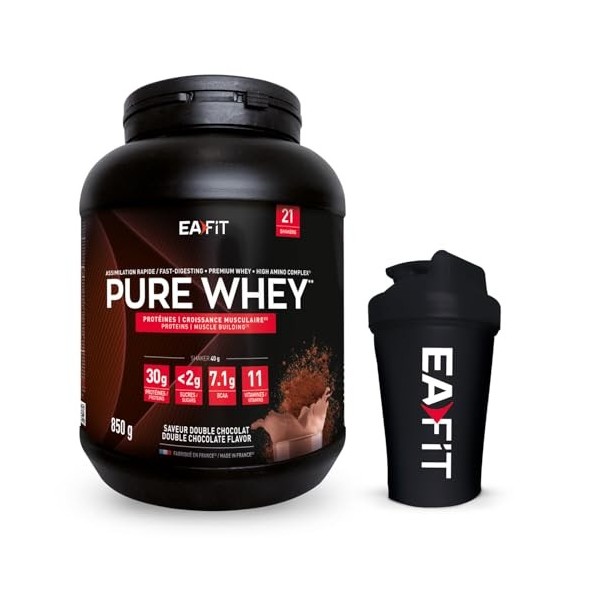 EAFIT - Lot WHEY PROTEIN - Double Chocolat 850g - Protéines Whey + Shaker Noir Opaque avec Mélangeur en Acier