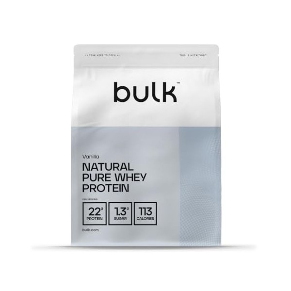 Bulk Pure Whey Protéine Naturelle, Shake édulcoré à la stévia, Vanille, 1 kg, 26 Portions