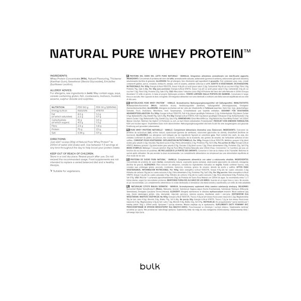 Bulk Pure Whey Protéine Naturelle, Shake édulcoré à la stévia, Vanille, 1 kg, 26 Portions