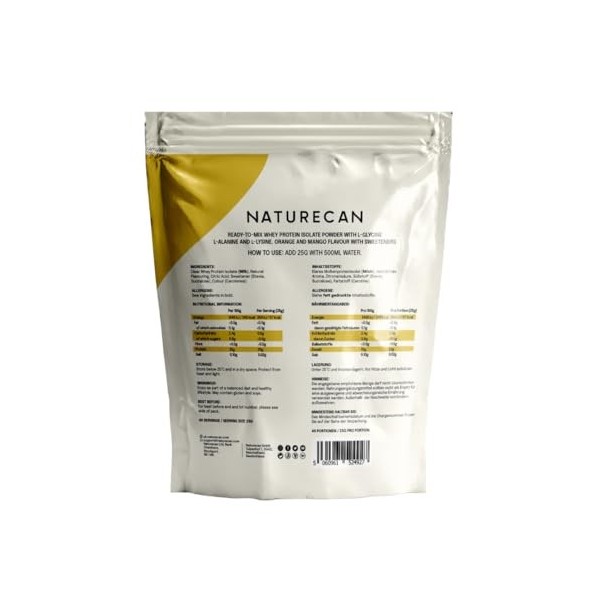 Naturecan Protéines de Lactosérum Claires – Saveur Orange et Mangue – 20 g de protéines par portion – Sans sucre – 1 kg