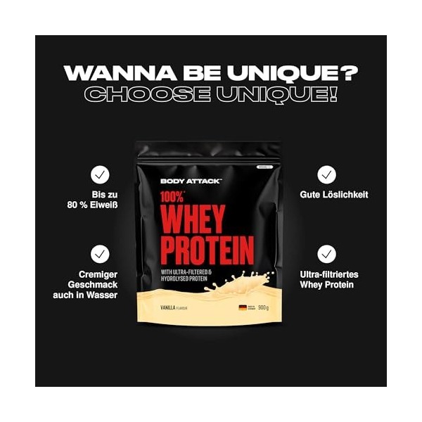 Body Attack 100% whey protéine, protéines musculation - protein powder crémeuse avec hydrolysat et BCAA, prise de masse et ré