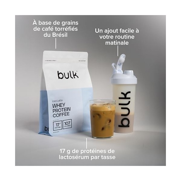 Protéine de Lactosérum Café Bulk, Saveur Latte Glacé, 1 kg, 32 Portions, 17g de Protéines par Portion, Café Véritable, Shake 
