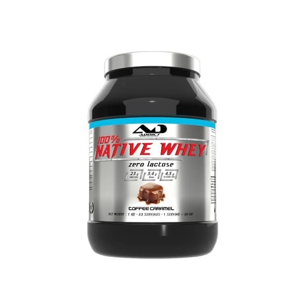 Addict Sport Nutrition | 100% Whey Native 1kg | Whey native | Protéine 100% native et non dénaturée - Toffee Caramel
