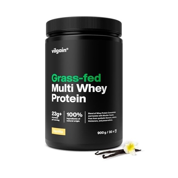 Vilgain Grass-Fed Multi Whey Protein - 77% concentré de lactosérum, isolat et caséine, agit immédiatement après lentraînemen ...