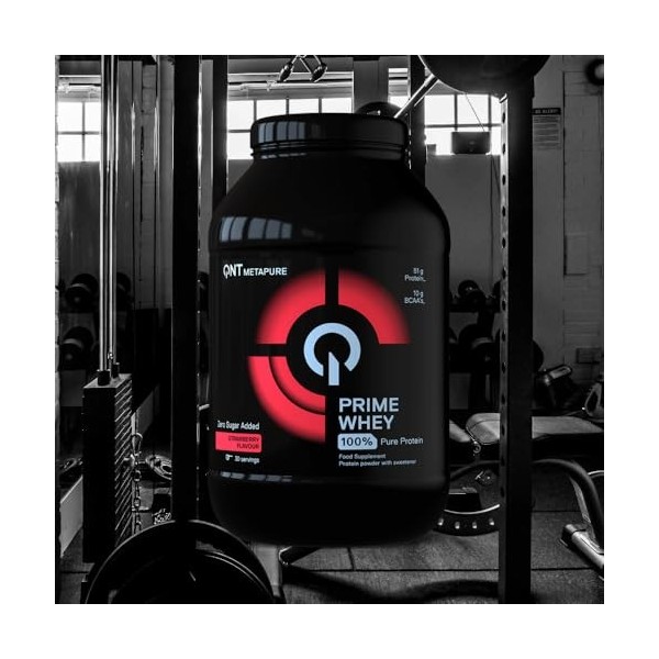 QNT Prime Whey fraise, 84% de Whey Protéine, contient de l’isolat de whey, aide à augmenter le volume et la force des muscles...