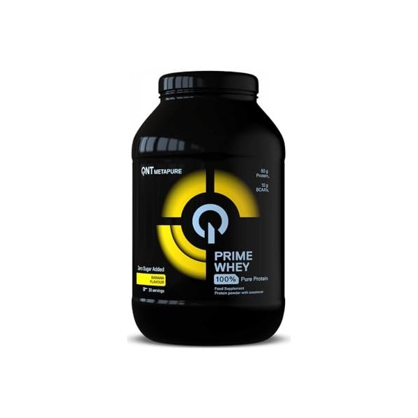QNT Prime Whey banane, 84% de Whey Protéine, contient de l’isolat de whey, aide à augmenter le volume et la force des muscles...