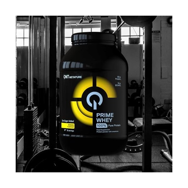 QNT Prime Whey banane, 84% de Whey Protéine, contient de l’isolat de whey, aide à augmenter le volume et la force des muscles...