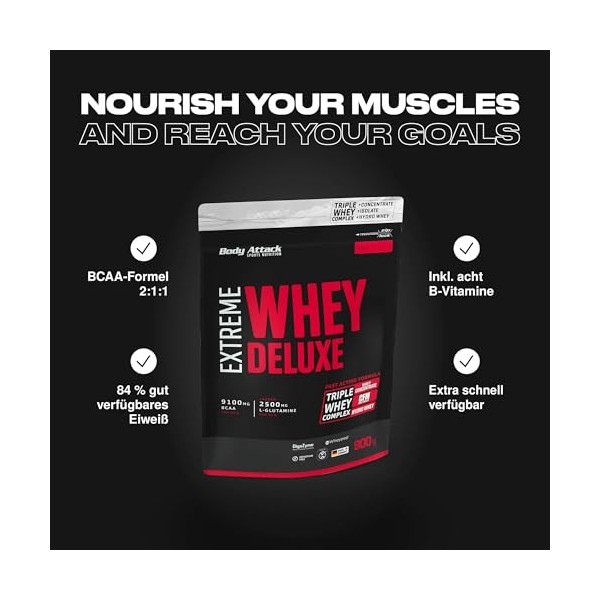 Body Attack Extreme Whey Deluxe Complément pour Sportif Noisette/Nougat 900 g Protéines whey