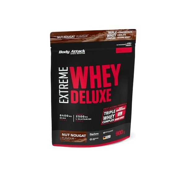 Body Attack Extreme Whey Deluxe Complément pour Sportif Noisette/Nougat 900 g Protéines whey
