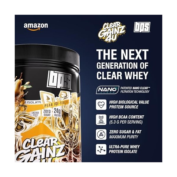 BPS PHARMA ClearGainz4U - Clear Whey Protein Isolat sans sucre - Pour le renforcement musculaire, le régime alimentaire et la