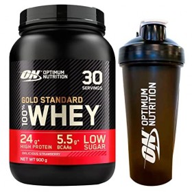 Optimum Nutrition Gold Standard 100 % Whey Protéines en poudre avec acides aminés Fraise 900 g 30 portions + Shaker