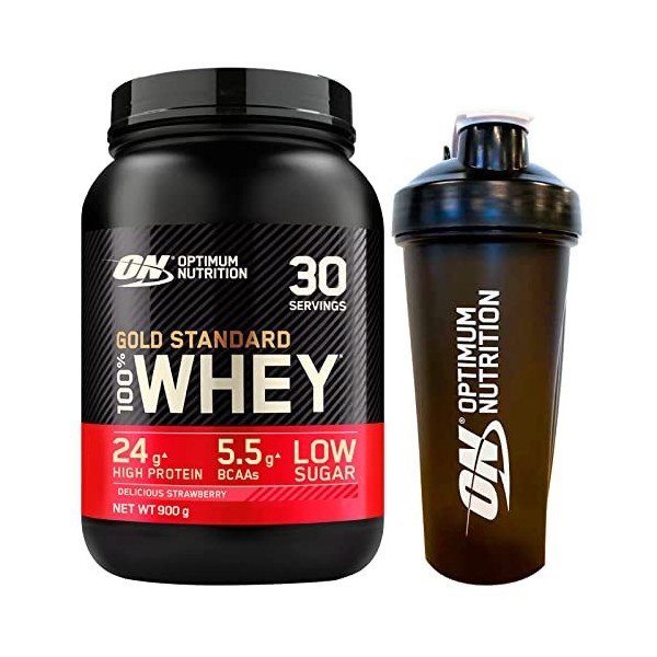 Optimum Nutrition Gold Standard 100 % Whey Protéines en poudre avec acides aminés Fraise 900 g 30 portions + Shaker