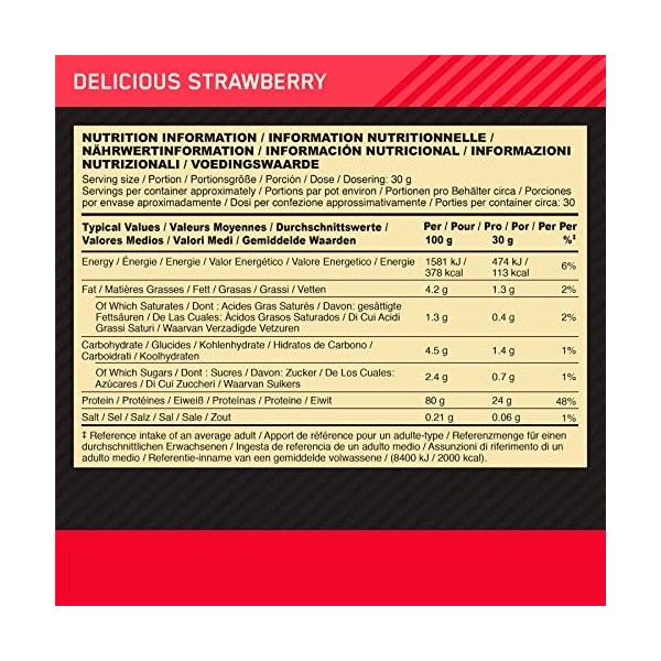 Optimum Nutrition Gold Standard 100 % Whey Protéines en poudre avec acides aminés Fraise 900 g 30 portions + Shaker