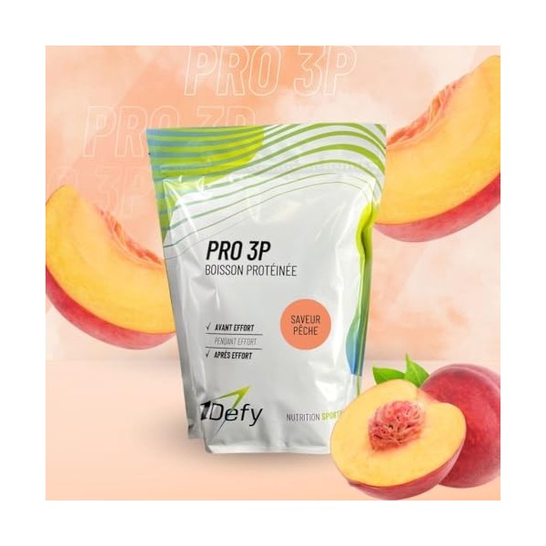 1Defy - PRO 3P - Whey et collagène - Protéines en poudre - Pêche - 750g