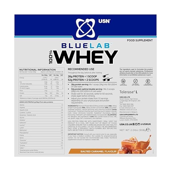 Usn | Blue Lab 100% Whey 908g | Whey protéine | Protéines de haute qualité - Caramel Salé Protéines whey