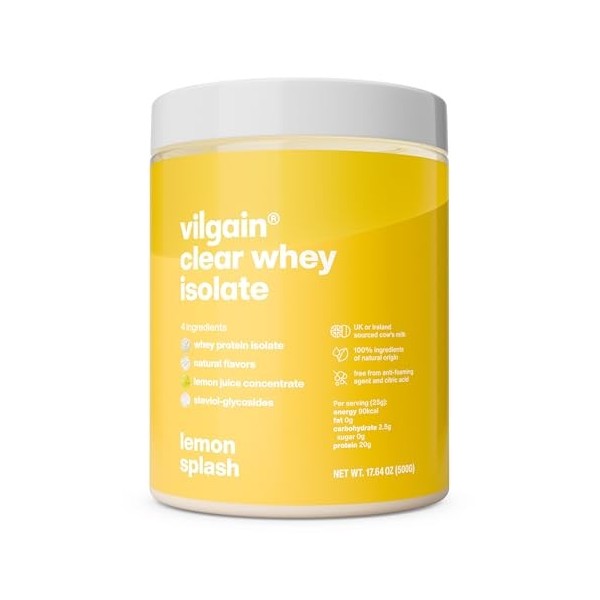 Vilgain Clear Whey Isolate | Saveur de protéines fraîches et fruitées, sucrées avec de la stévia | Plus de 85% de protéines |