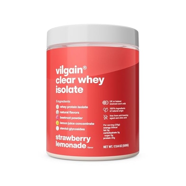 Vilgain Clear Whey Isolate | Saveur de protéines fraîches et fruitées, sucrées avec de la stévia | Plus de 85% de protéines |