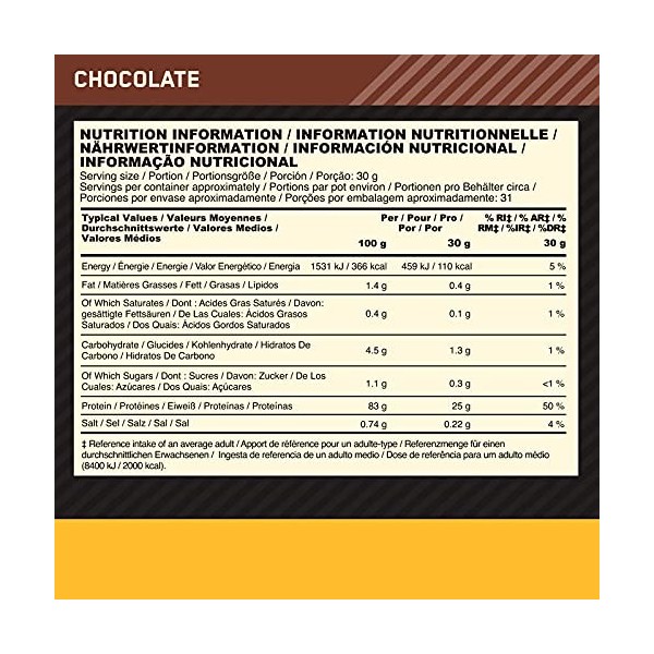 Optimum Nutrition Gold Standard 100% Whey Isolate Protéines de lactosérum en Poudre avec BCAA Goût Chocolat 930g 31 portions 