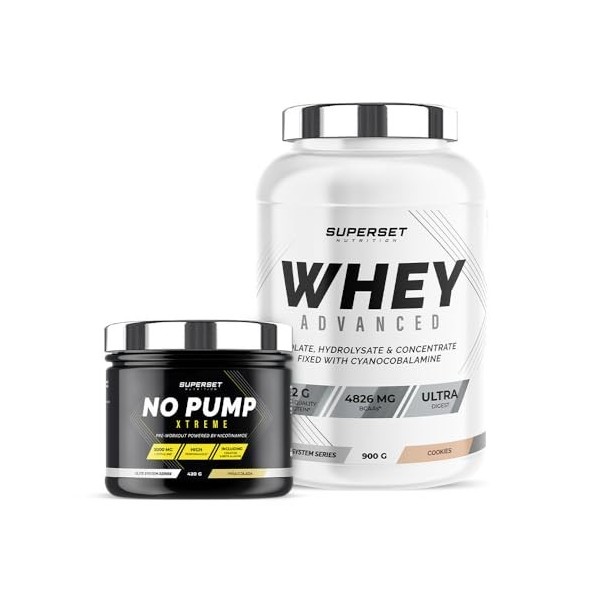 Superset Nutrition | Programme Fitness Energie - 100% Whey Proteine Advanced 900g Cookies - No Pump Xtreme Pina Colada | Boos
