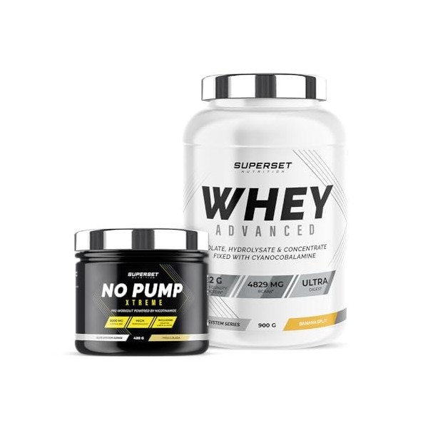 Superset Nutrition | Programme Fitness Energie - 100% Whey Proteine Advanced 900g Banana Split - No Pump Xtreme Pina Colada |