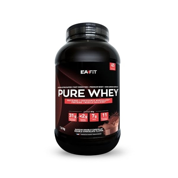 WHEY PROTEIN - Double Chocolat - 1,8 kg - EAFIT - Marque Française N°1 en Nutrition Sportive - 31g de Proteine Whey - BCAA - 