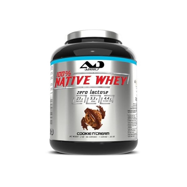 Addict Sport Nutrition | 100% Whey Native 2kg | Whey native | Whey sans sucre ajouté - Cookies & Cream